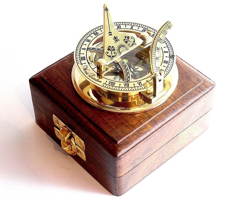 THOR INSTRUMENTS Brass Sundial Compass -Solid Brass Pocket Sundial - West London with Wooden Box Rustic Vintage Home Decor Gifts - Image 5